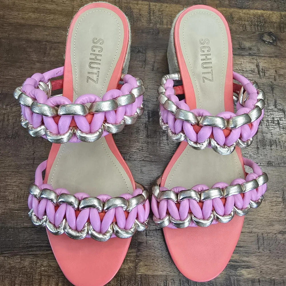 SCHUTZ Pink and Gold Sandals with Braided‎ Straps